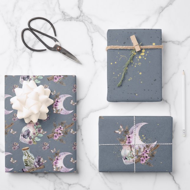 Mystical Boho Lavender Anemone Moon und Flaschen Geschenkpapier Set (Vorderseite)