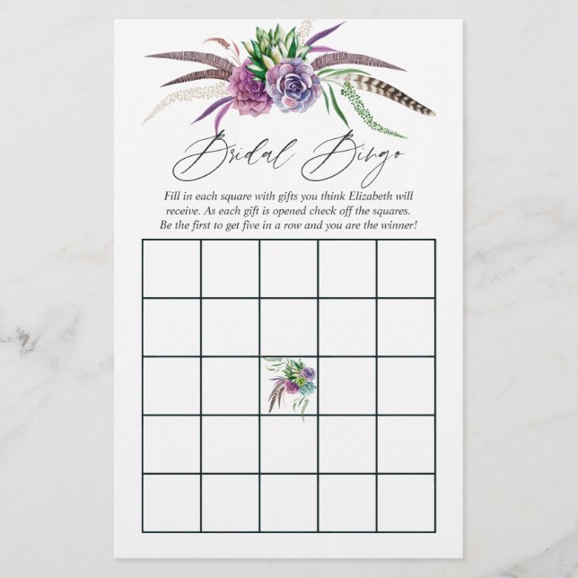 Mystical Boho Succulent Brautparty Bingo (Vorderseite)