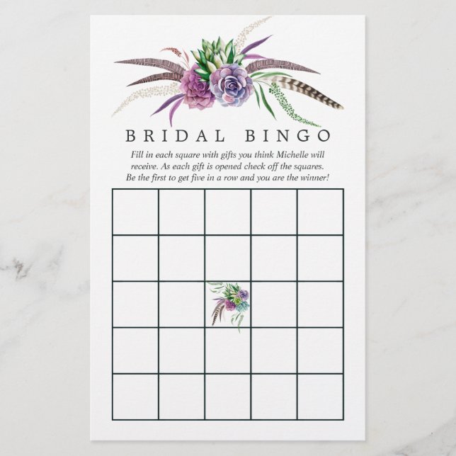 Mystical Boho Succulent Brautparty Bingo (Vorderseite)