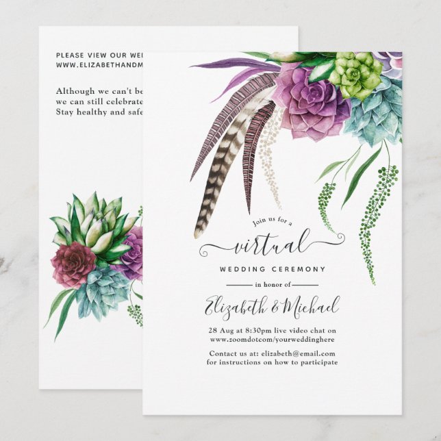 Mystical Boho Succulent Online Virtual Wedding Einladung (Vorne/Hinten)