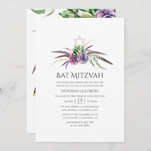 Mystical Boho Succulents Bat Mitzvah Einladung (Vorne/Hinten)