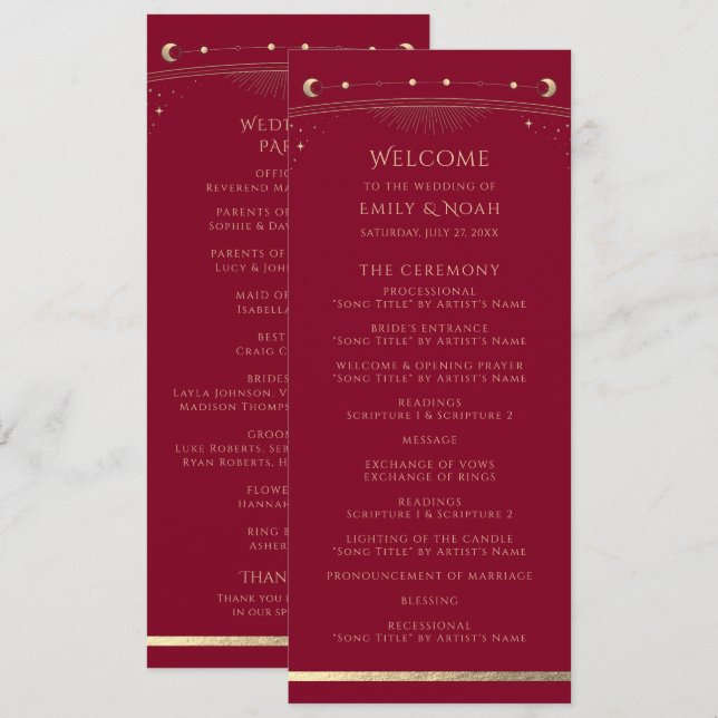 Mystical Burgundy Gold Sun Star Moon Space Hochzei Programm (Vorne/Hinten)