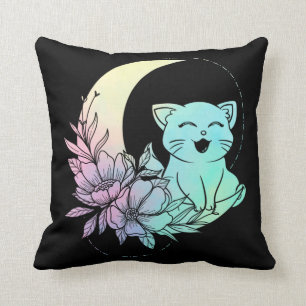Mystical Cat Crescent Moon Pastel Goth Wicca Kissen