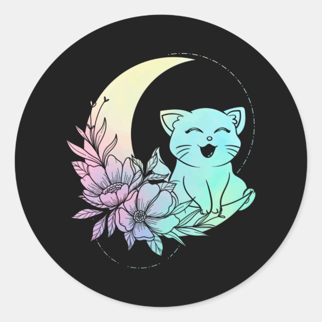 Mystical Cat Crescent Moon Pastel Goth Wicca Runder Aufkleber (Vorderseite)
