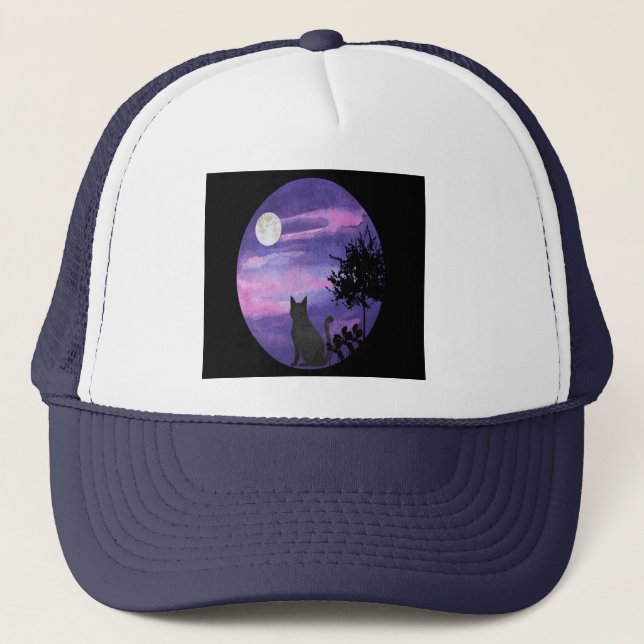  Mystical Cat Under Full Moon – Dreamy Purple Nigh Truckerkappe (Vorderseite)