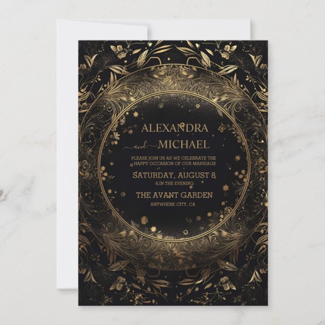 Mystical Celestial Black and Gold Wedding Einladung (Vorderseite)
