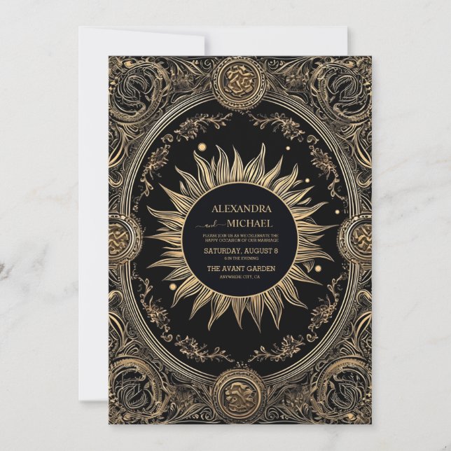 Mystical Celestial Black and Gold Wedding Einladung (Vorderseite)