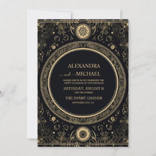 Mystical Celestial Black and Gold Wedding Einladung