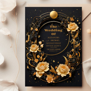 Mystical Celestial Black and Gold Wedding Einladung