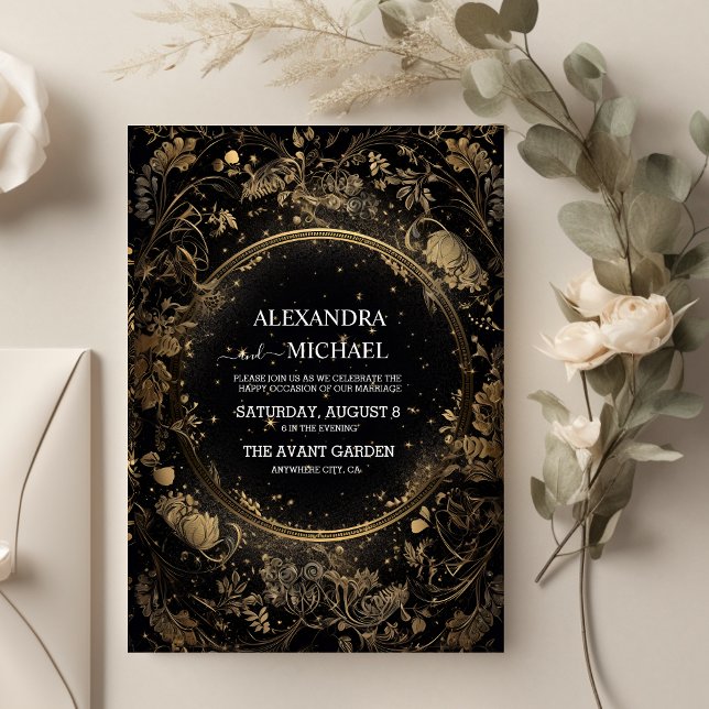 Mystical Celestial Black and Gold Wedding Einladung (Von Creator hochgeladen)