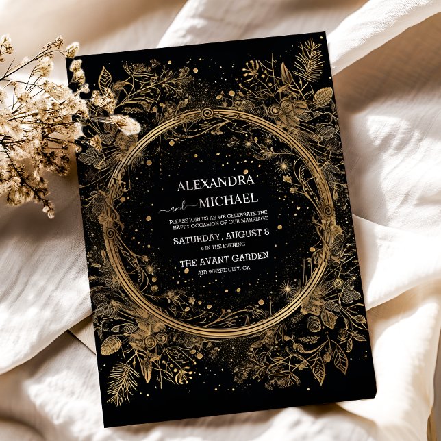 Mystical Celestial Black and Gold Wedding Einladung (Von Creator hochgeladen)