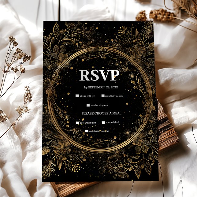 Mystical Celestial Black and Gold Wedding RSVP Karte (Von Creator hochgeladen)