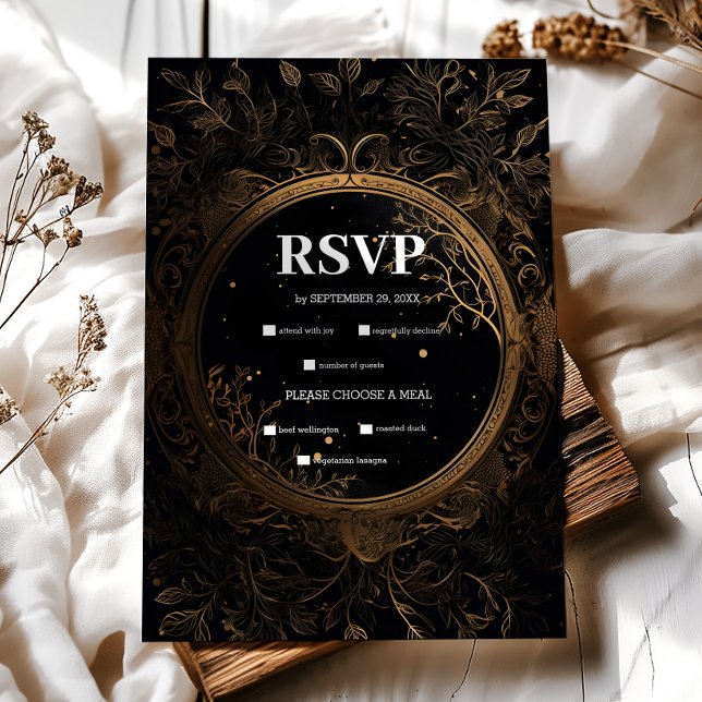 Mystical Celestial Black and Gold Wedding RSVP Karte (Von Creator hochgeladen)