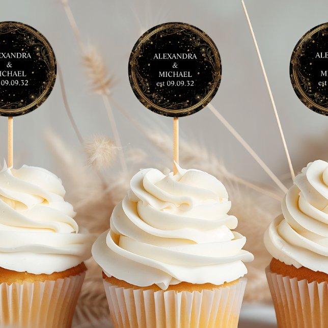 Mystical Celestial Black and Gold Wedding Runder Aufkleber (Von Creator hochgeladen)