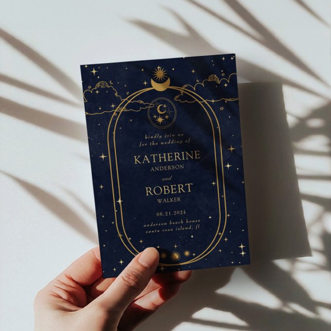 Mystical Celestial Gold Moon Dark Blue Wedding Einladung (Von Creator hochgeladen)