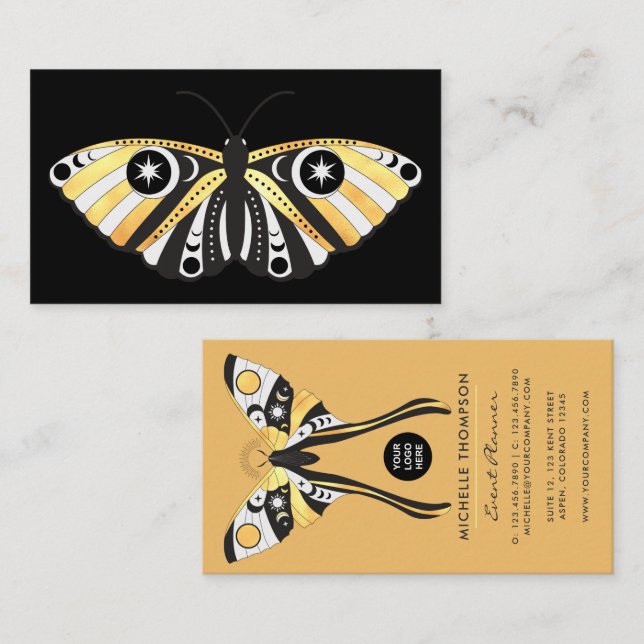 Mystical Celestial Gold Moths Business Card Visitenkarte (Vorne/Hinten)