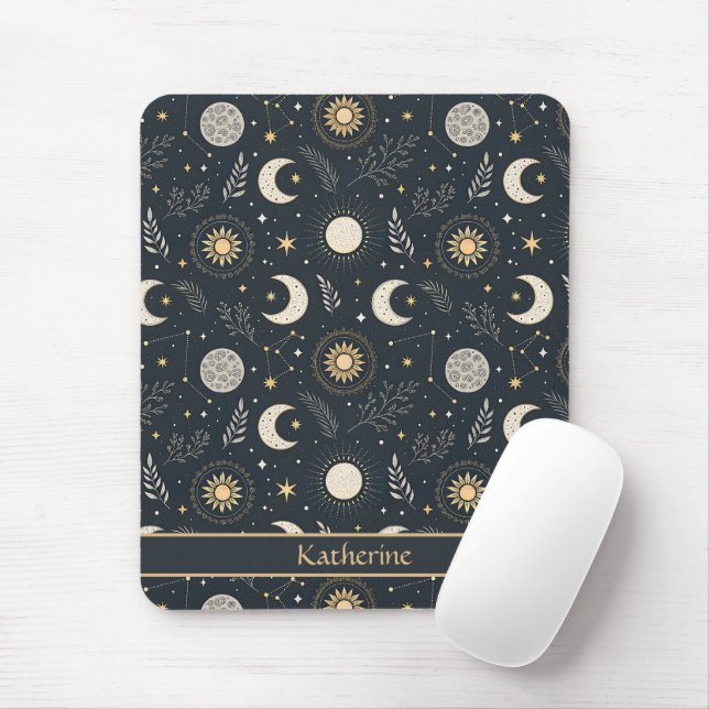 Mystical Celestial Moon Pattern Custom Name Mousepad (Mit Mouse)