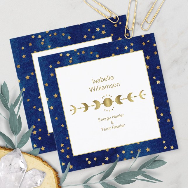 Mystical Celestis Stars Moon Phase Navy Blue Gold Quadratische Visitenkarte (Von Creator hochgeladen)