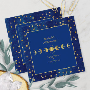 Mystical Celestis Stars Moon Phase Navy Blue Gold Quadratische Visitenkarte