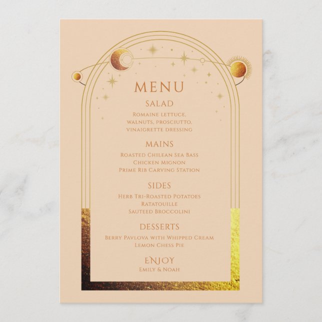 Mystical Champagne Gold Sun Moon Stars Hochzeit Menükarte (Vorderseite)