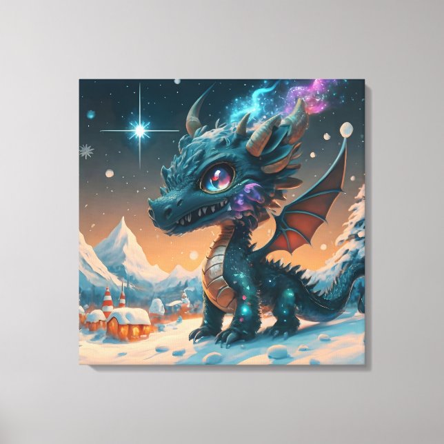 Mystical Chibi Dragon Winter Landschaft Leinwanddruck (Vorderseite)