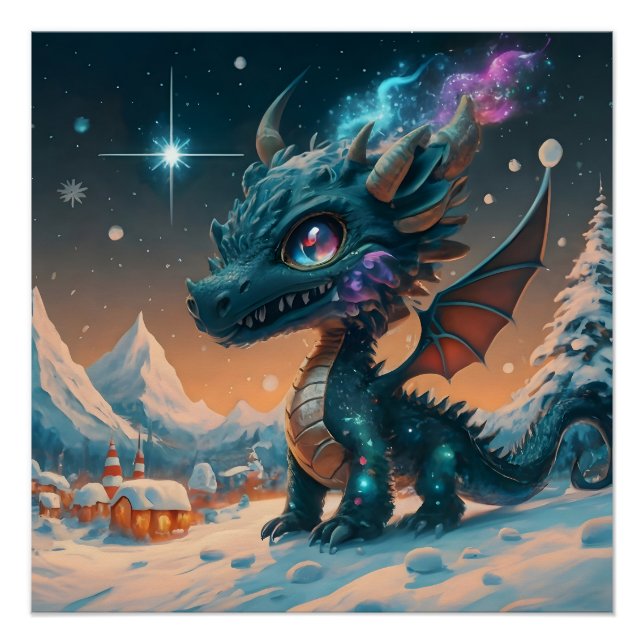 Mystical Chibi Dragon Winter Landschaft Poster (Vorderseite)