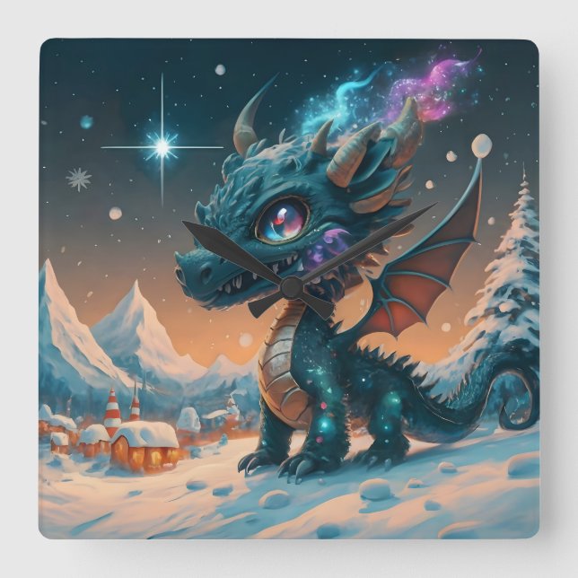 Mystical Chibi Dragon Winter Landschaft Quadratische Wanduhr (Vorderseite)