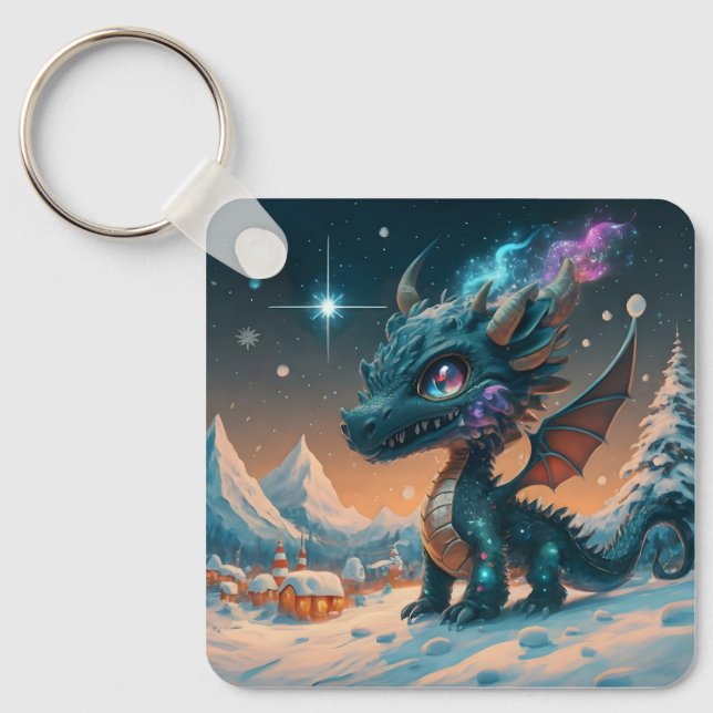 Mystical Chibi Dragon Winter Landschaft Schlüsselanhänger (Vorderseite)