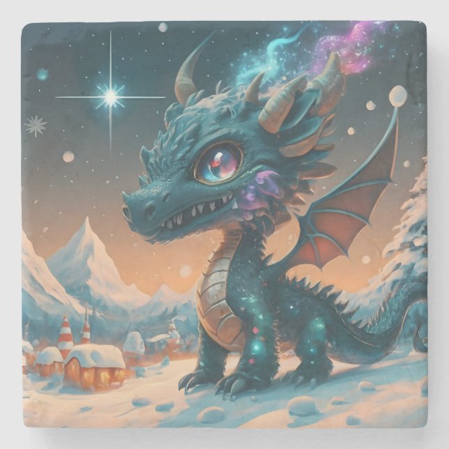 Mystical Chibi Dragon Winter Landschaft Steinuntersetzer (Vorderseite)
