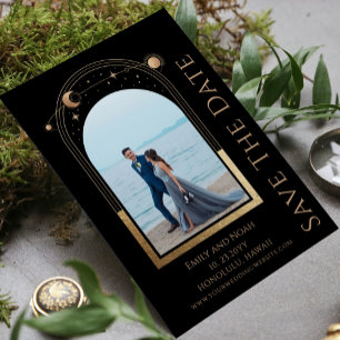 Mystical Chic Black Gold Sun Moon Star Space Save The Date