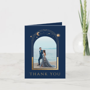 Mystical Chic Blue Gold Star Moon Foto Hochzeit Dankeskarte