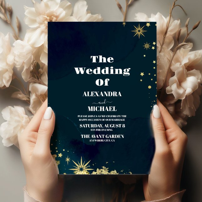 Mystical Chic Blue Gold Star Moon Wedding Einladung (Von Creator hochgeladen)