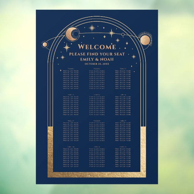 Mystical Chic Blue Gold Sun Moon Stars Hochzeit Fensteraufkleber (Blatt 3)