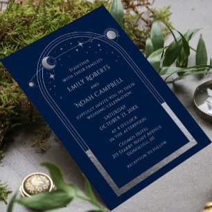 Mystical Chic Blue Silver Star Moon Foto Space Einladung