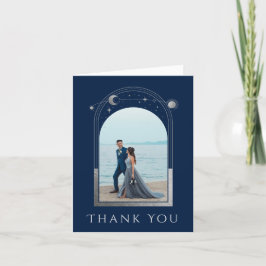 Mystical Chic Blue Silver Star Moon Foto Wedding Dankeskarte
