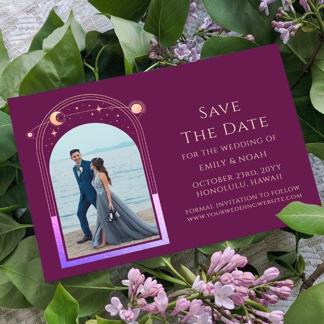 Mystical Chic Fuchsia Gold Star Moon Foto Space Save The Date (Von Creator hochgeladen)