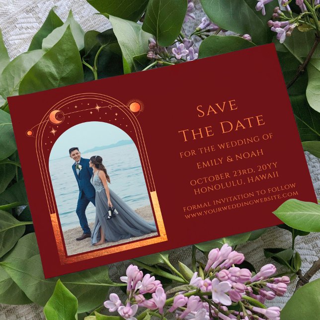 Mystical Chic Red Orange Star Moon Foto Space Save The Date (Von Creator hochgeladen)