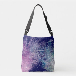 *~* Mystical Cosmic Boho Feathers Night Blue Tragetaschen Mit Langen Trägern