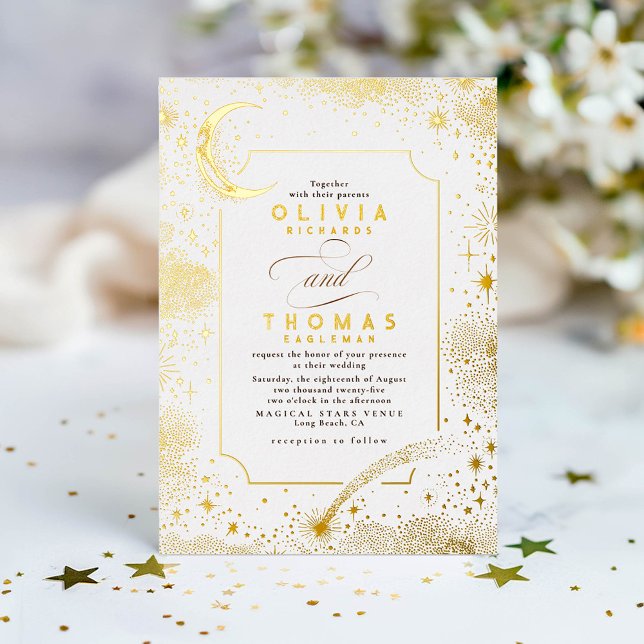 Mystical Crescent Moon Starry Night Boho Wedding Folieneinladung (Celestial gold foil wedding invitation)