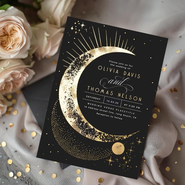 Mystical Crescent Moon Starry Night Boho Wedding Folieneinladung (Real Gold Foil Celestial Tarot Wedding Invitation)