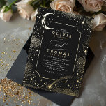 Mystical Crescent Moon Starry Night Boho Wedding Folieneinladung<br><div class="desc">Diese bezaubernde Hochzeitseinladung bringt Ihre Gäste in eine atemberaubende, zauberhafte und geheimnisvolle Nightscape. Es zeichnet sich durch einen leuchtenden Halbmond, einen strahlenden Sternschuss und die zeitlose Schönheit der fernen Sternbilder aus, die alle sorgfältig in den reichen, opulenten Tönen echter Goldfolie detailliert dargestellt sind. Set auf schwarzem Hintergrund, die Himmelsansicht des...</div>