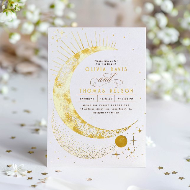 Mystical Crescent Moon Starry Night Boho Wedding Folieneinladung (Real Gold Foil Celestial Wedding Invitation)