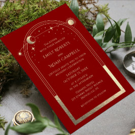 Mystical Dark Red Gold Celestial Foto Wedding Einladung