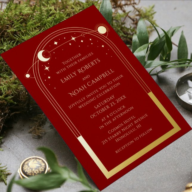 Mystical Dark Red Gold Celestial Foto Wedding Folieneinladung (Von Creator hochgeladen)