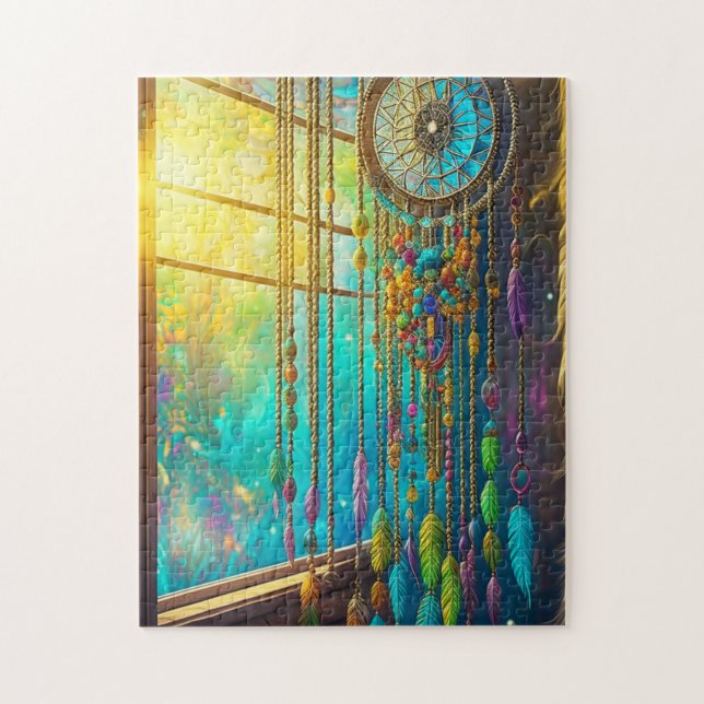 Mystical Dreamcatcher in Window Lila Green Puzzle (Vertikal)