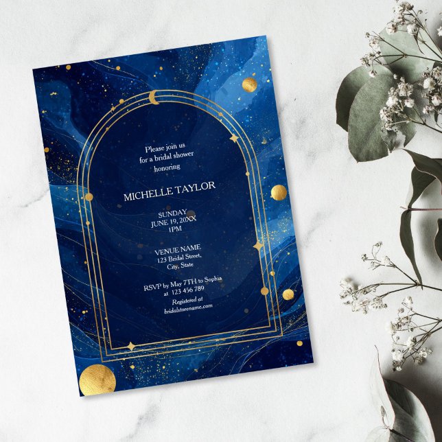 Mystical Enchanted Celestial Elegant Chic Bridal Einladung (blue sky with golden moon and stars, arched golden frame bridal shower invitation)