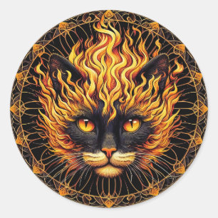 Mystical Fire Cat Mandala Design Runder Aufkleber