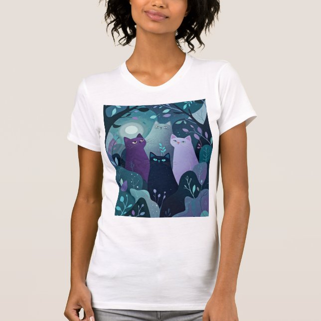 Mystical Forest Cats Art Whimsical Night Cat  T-Shirt (Vorderseite)