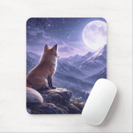 Mystical Fox & Giant Moon Snowy Mountain Peaks Mousepad