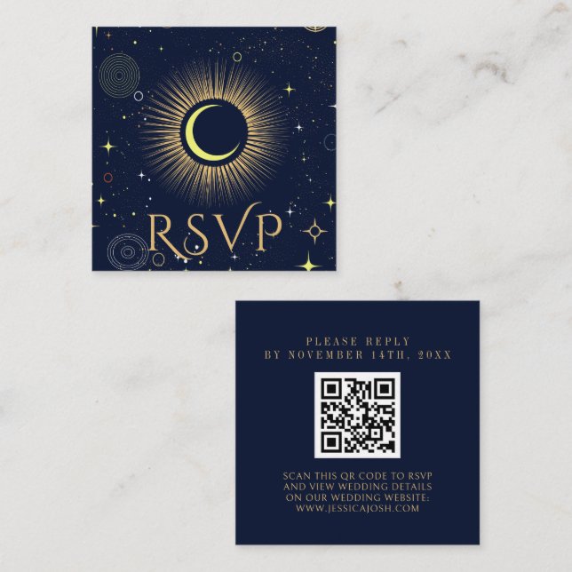 Mystical Galaxy Navy Blue QR Code Wedding RSVP Begleitkarte (Vorne/Hinten)